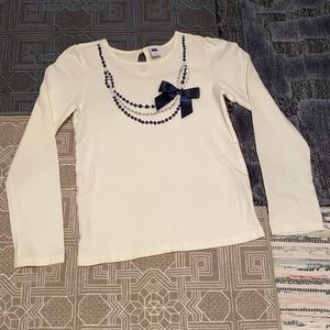 Soft White Long Sleeve Shirt - Blue Satin Bow + Embroidered Blue Silver Necklace